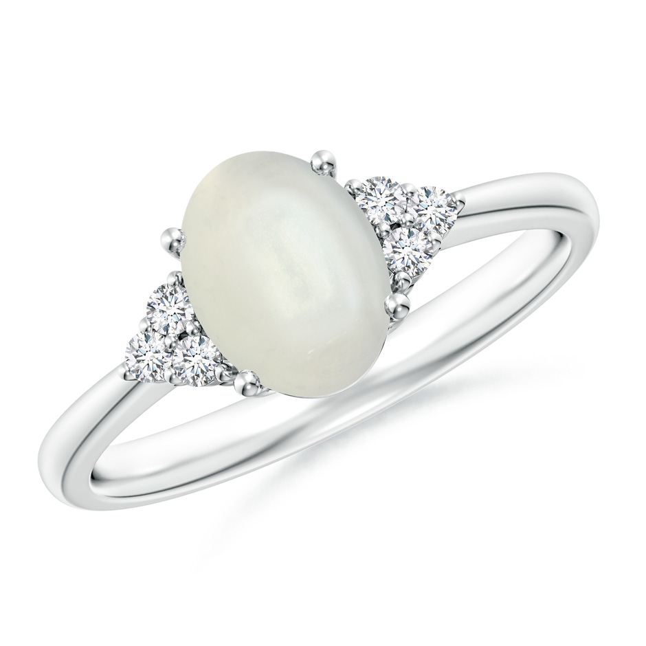 8x6mm AAAA Tapered Shank Oval Moonstone Ring with Trio Diamond Accent in White Gold 