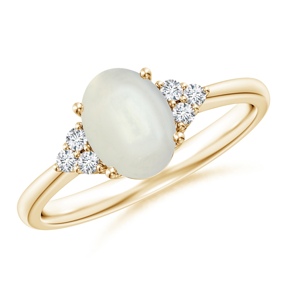 8x6mm AAAA Tapered Shank Oval Moonstone Ring with Trio Diamond Accent in Yellow Gold 