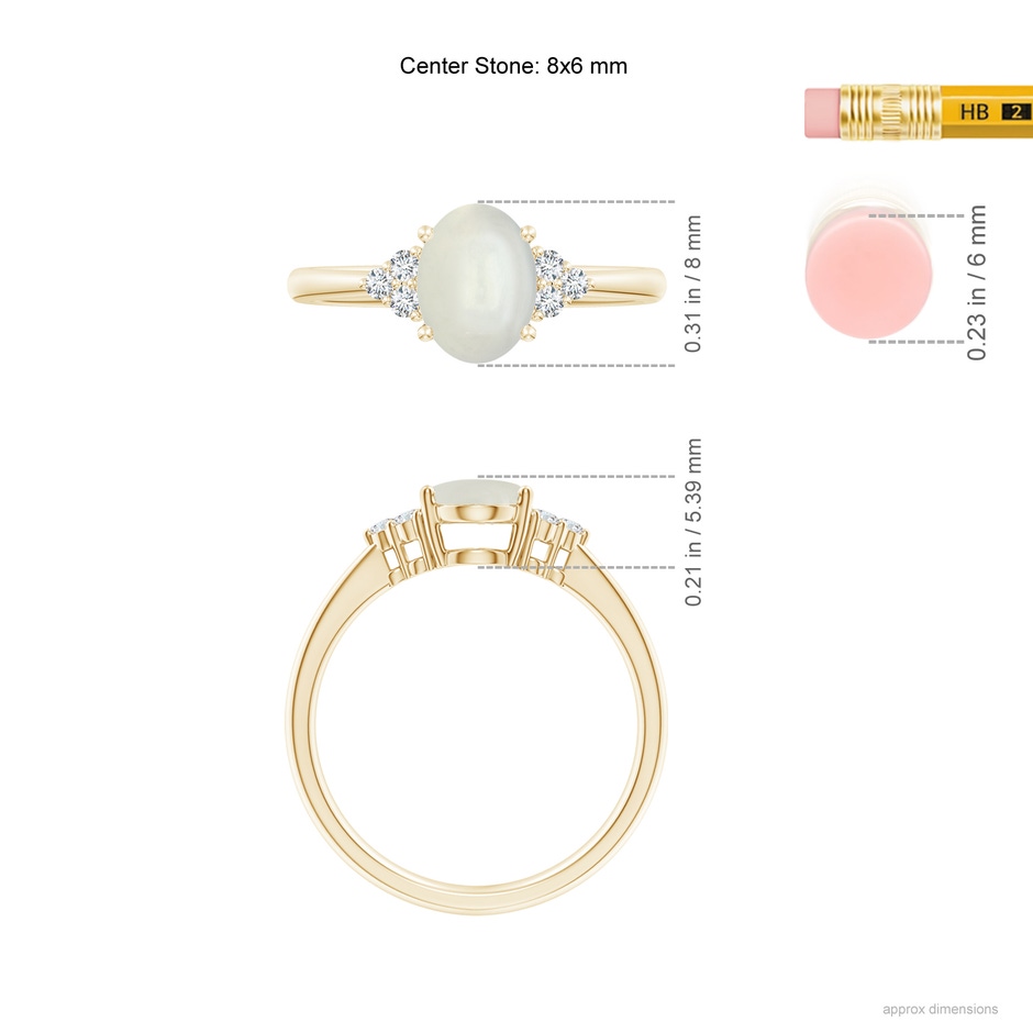 8x6mm AAAA Tapered Shank Oval Moonstone Ring with Trio Diamond Accent in Yellow Gold ruler