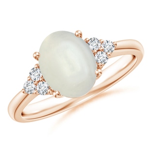 9x7mm AAAA Tapered Shank Oval Moonstone Ring with Trio Diamond Accent in Rose Gold
