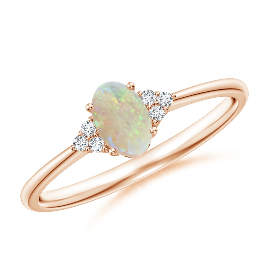 6x4mm AAA Tapered Shank Oval Opal Ring with Trio Diamond Accent in Rose Gold 