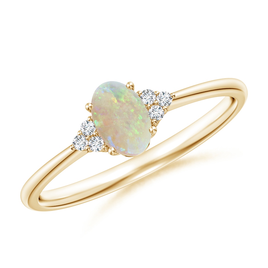 6x4mm AAA Tapered Shank Oval Opal Ring with Trio Diamond Accent in Yellow Gold 