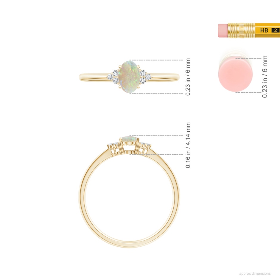 6x4mm AAA Tapered Shank Oval Opal Ring with Trio Diamond Accent in Yellow Gold ruler