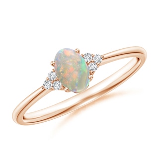 6x4mm AAAA Tapered Shank Oval Opal Ring with Trio Diamond Accent in 9K Rose Gold