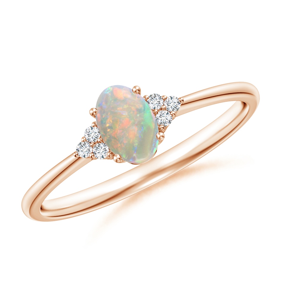 6x4mm AAAA Tapered Shank Oval Opal Ring with Trio Diamond Accent in 9K Rose Gold 