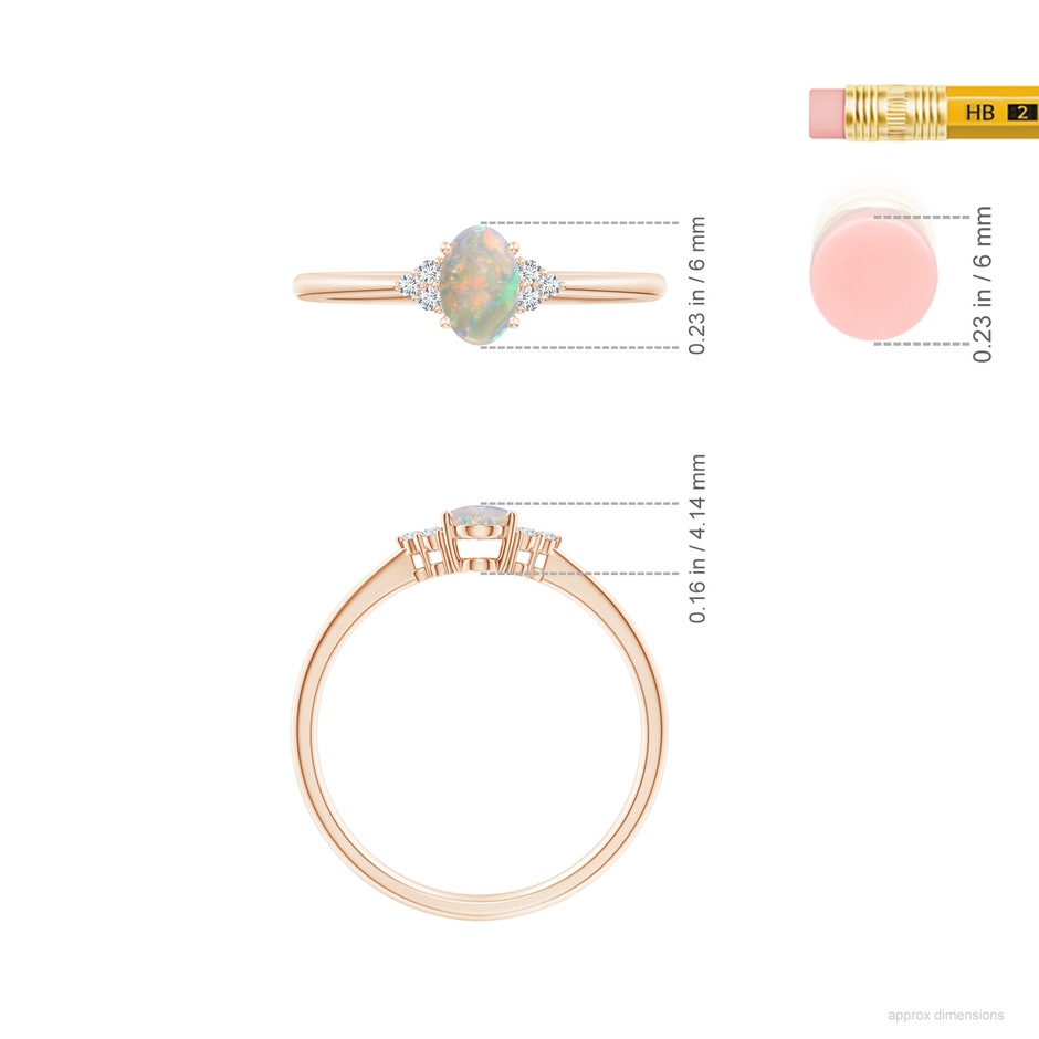 6x4mm AAAA Tapered Shank Oval Opal Ring with Trio Diamond Accent in 9K Rose Gold ruler