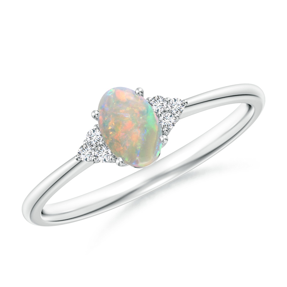 6x4mm AAAA Tapered Shank Oval Opal Ring with Trio Diamond Accent in White Gold 