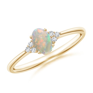6x4mm AAAA Tapered Shank Oval Opal Ring with Trio Diamond Accent in Yellow Gold