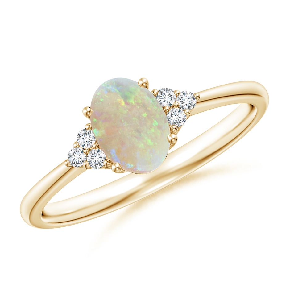 7x5mm AAA Tapered Shank Oval Opal Ring with Trio Diamond Accent in Yellow Gold 