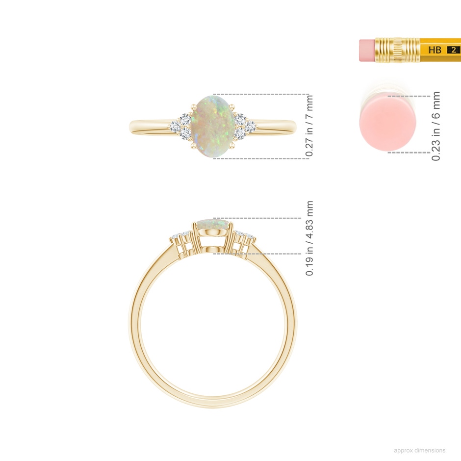 7x5mm AAA Tapered Shank Oval Opal Ring with Trio Diamond Accent in Yellow Gold ruler