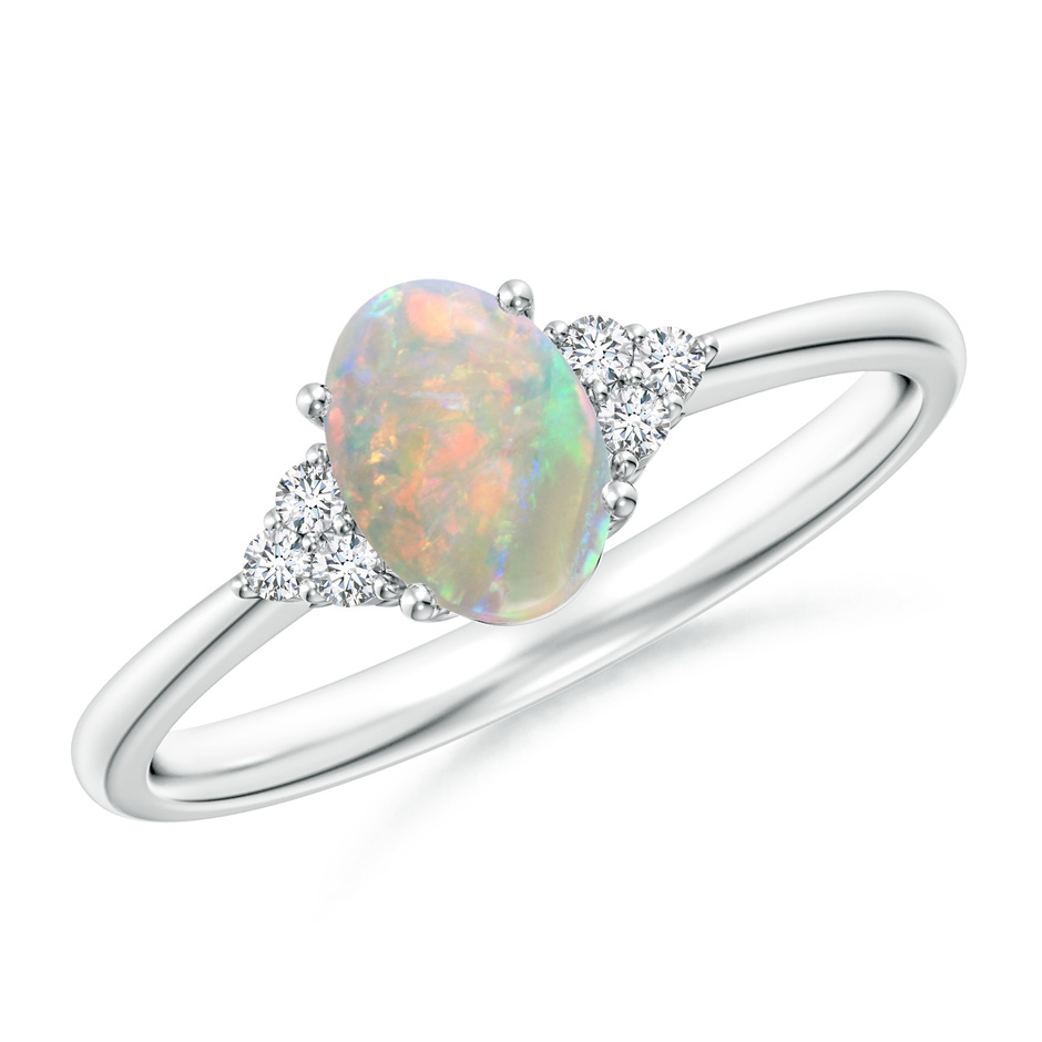 7x5mm AAAA Tapered Shank Oval Opal Ring with Trio Diamond Accent in 9K White Gold 
