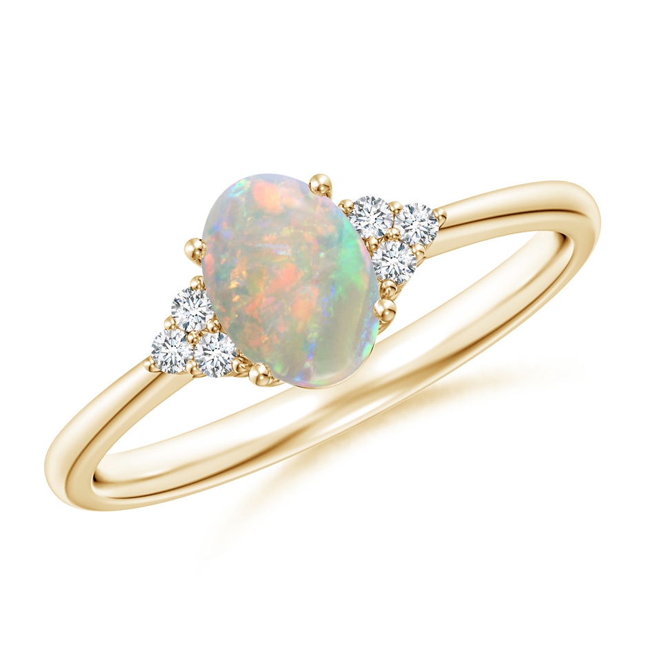 7x5mm AAAA Tapered Shank Oval Opal Ring with Trio Diamond Accent in Yellow Gold 