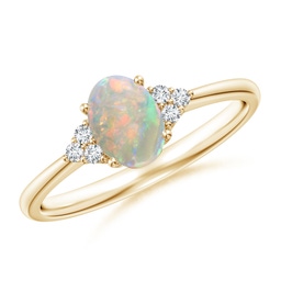 7x5mm AAAA Tapered Shank Oval Opal Ring with Trio Diamond Accent in Yellow Gold