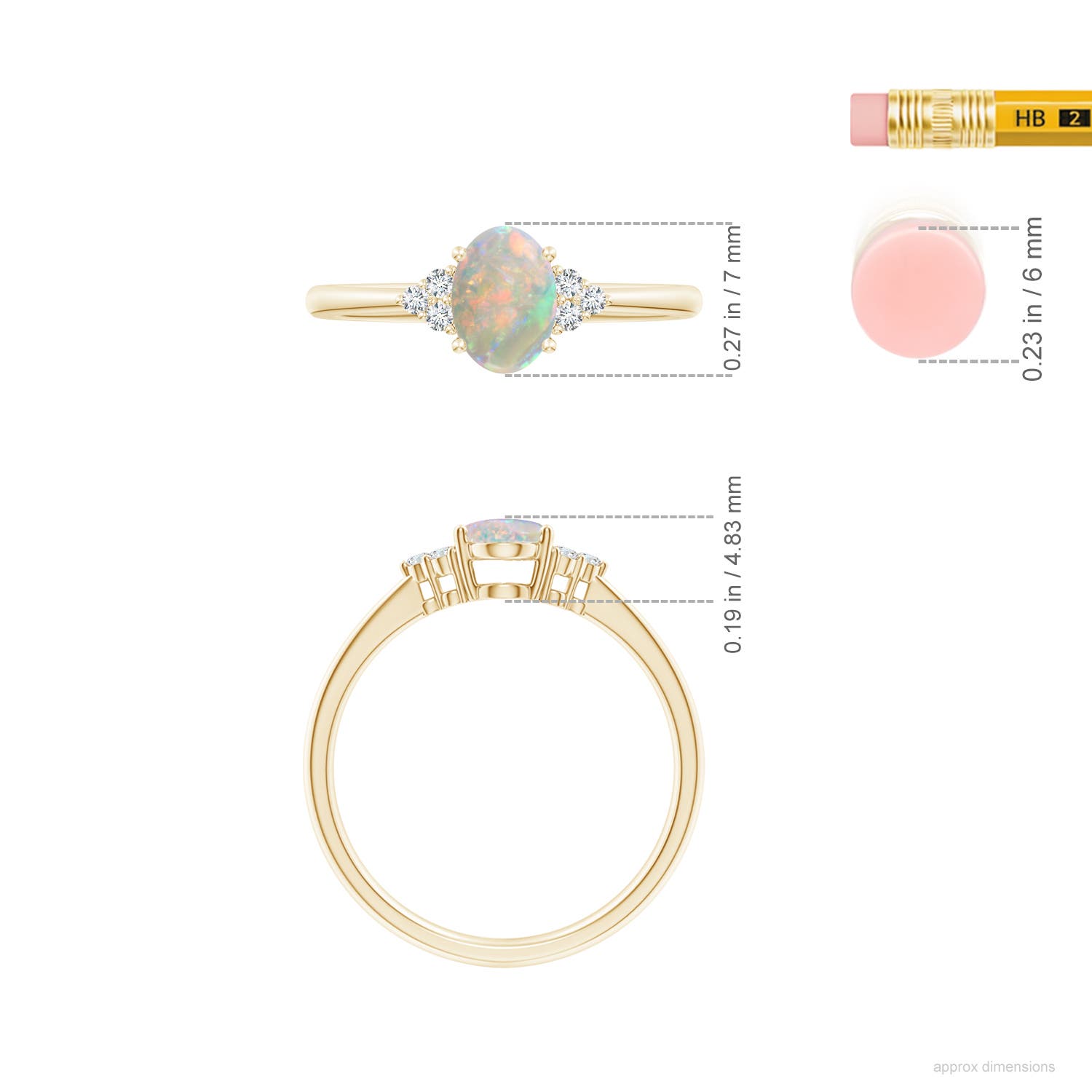 7x5mm AAAA Tapered Shank Oval Opal Ring with Trio Diamond Accent in Yellow Gold - ruler