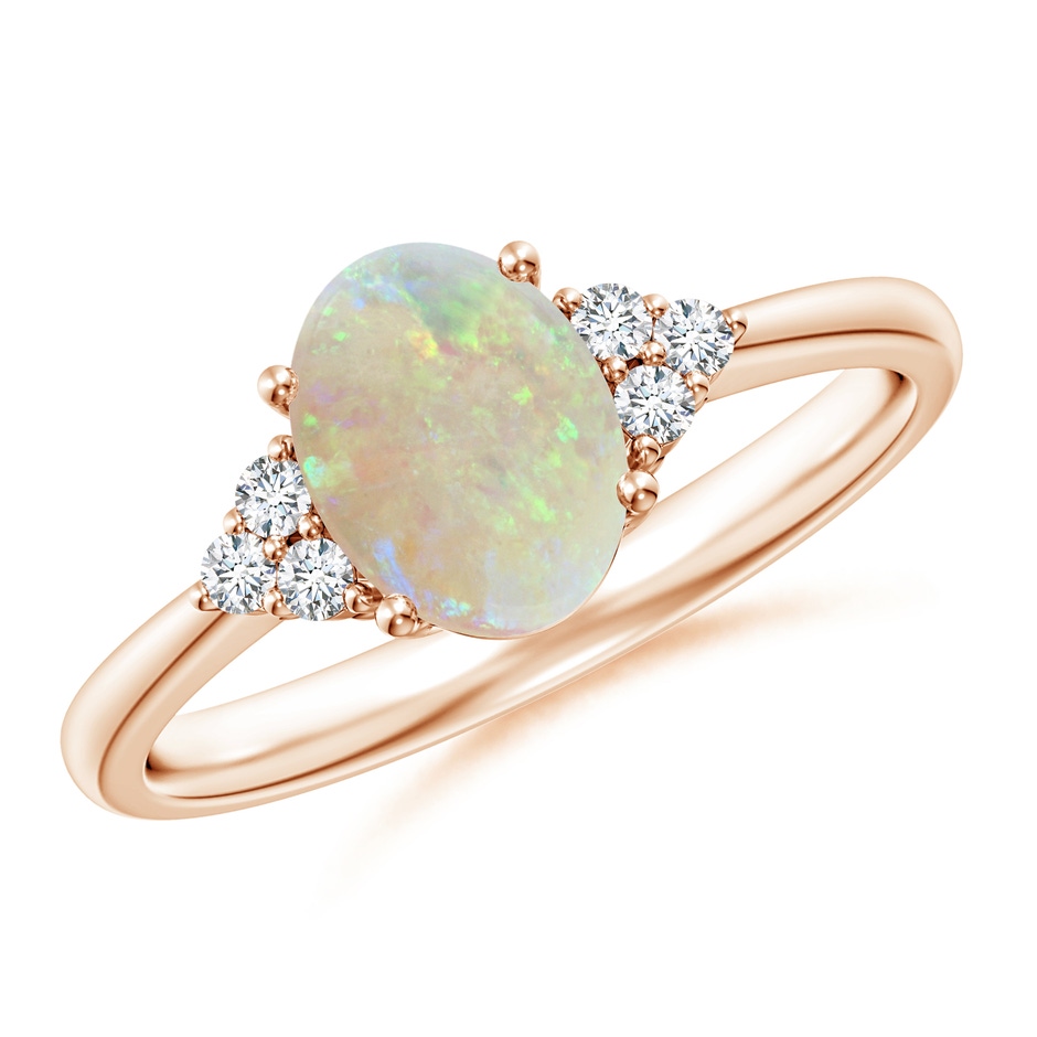 8x6mm AAA Tapered Shank Oval Opal Ring with Trio Diamond Accent in Rose Gold 