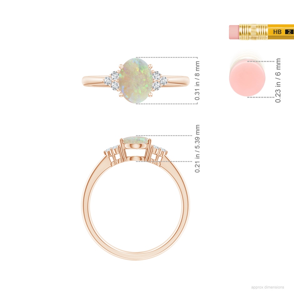 8x6mm AAA Tapered Shank Oval Opal Ring with Trio Diamond Accent in Rose Gold ruler