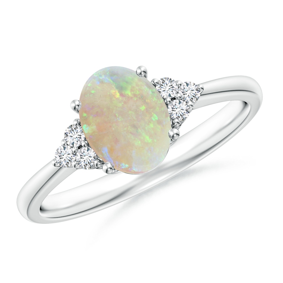 8x6mm AAA Tapered Shank Oval Opal Ring with Trio Diamond Accent in White Gold 