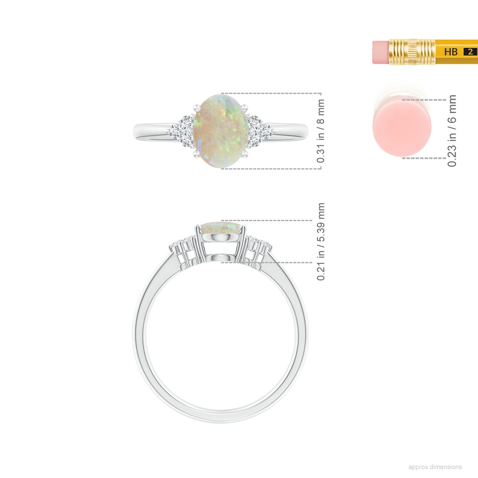 8x6mm AAA Tapered Shank Oval Opal Ring with Trio Diamond Accent in White Gold ruler