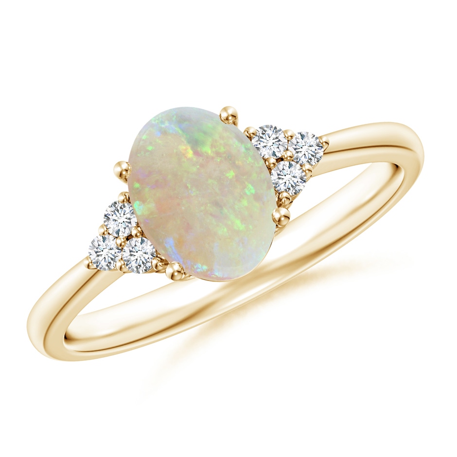 8x6mm AAA Tapered Shank Oval Opal Ring with Trio Diamond Accent in Yellow Gold 