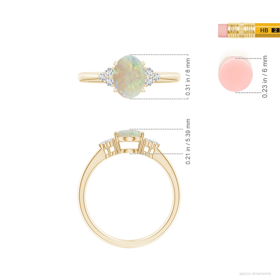 8x6mm AAA Tapered Shank Oval Opal Ring with Trio Diamond Accent in Yellow Gold ruler