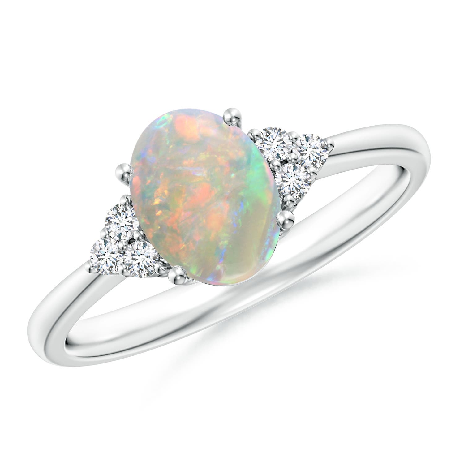 8x6mm AAAA Tapered Shank Oval Opal Ring with Trio Diamond Accent in 18K White Gold