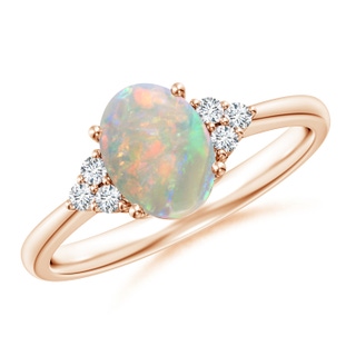 8x6mm AAAA Tapered Shank Oval Opal Ring with Trio Diamond Accent in Rose Gold