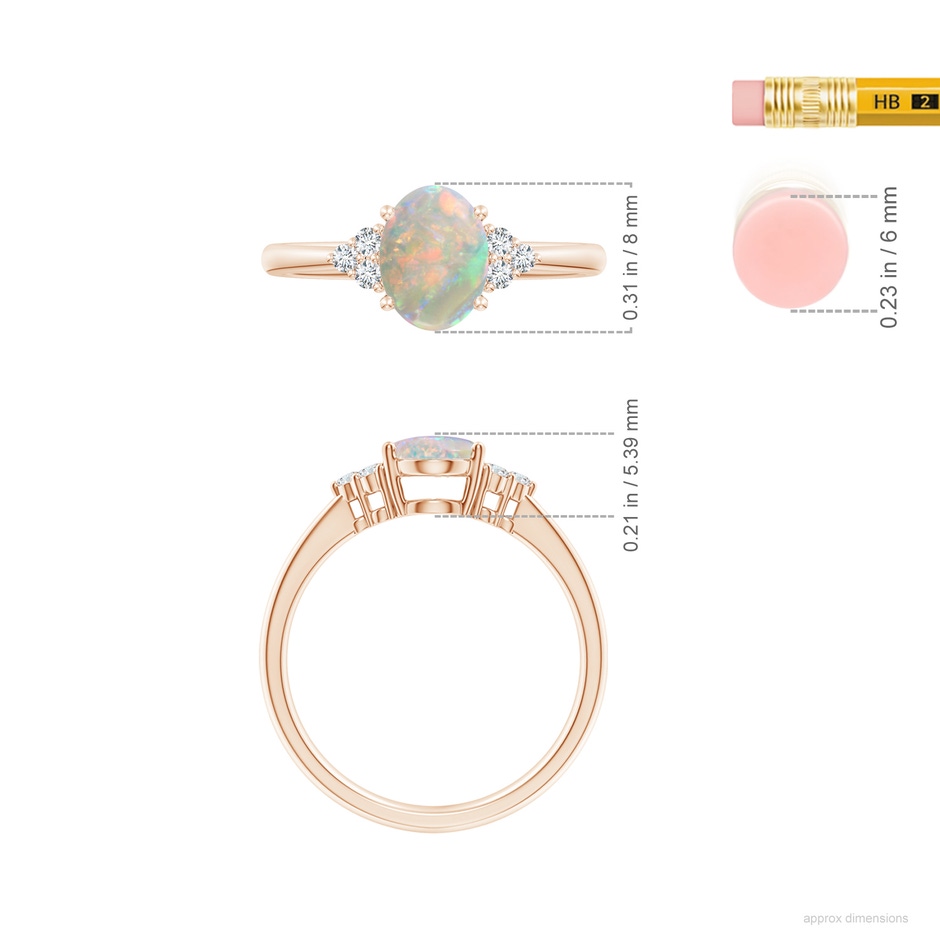 8x6mm AAAA Tapered Shank Oval Opal Ring with Trio Diamond Accent in Rose Gold ruler