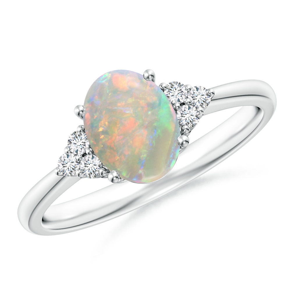 8x6mm AAAA Tapered Shank Oval Opal Ring with Trio Diamond Accent in White Gold