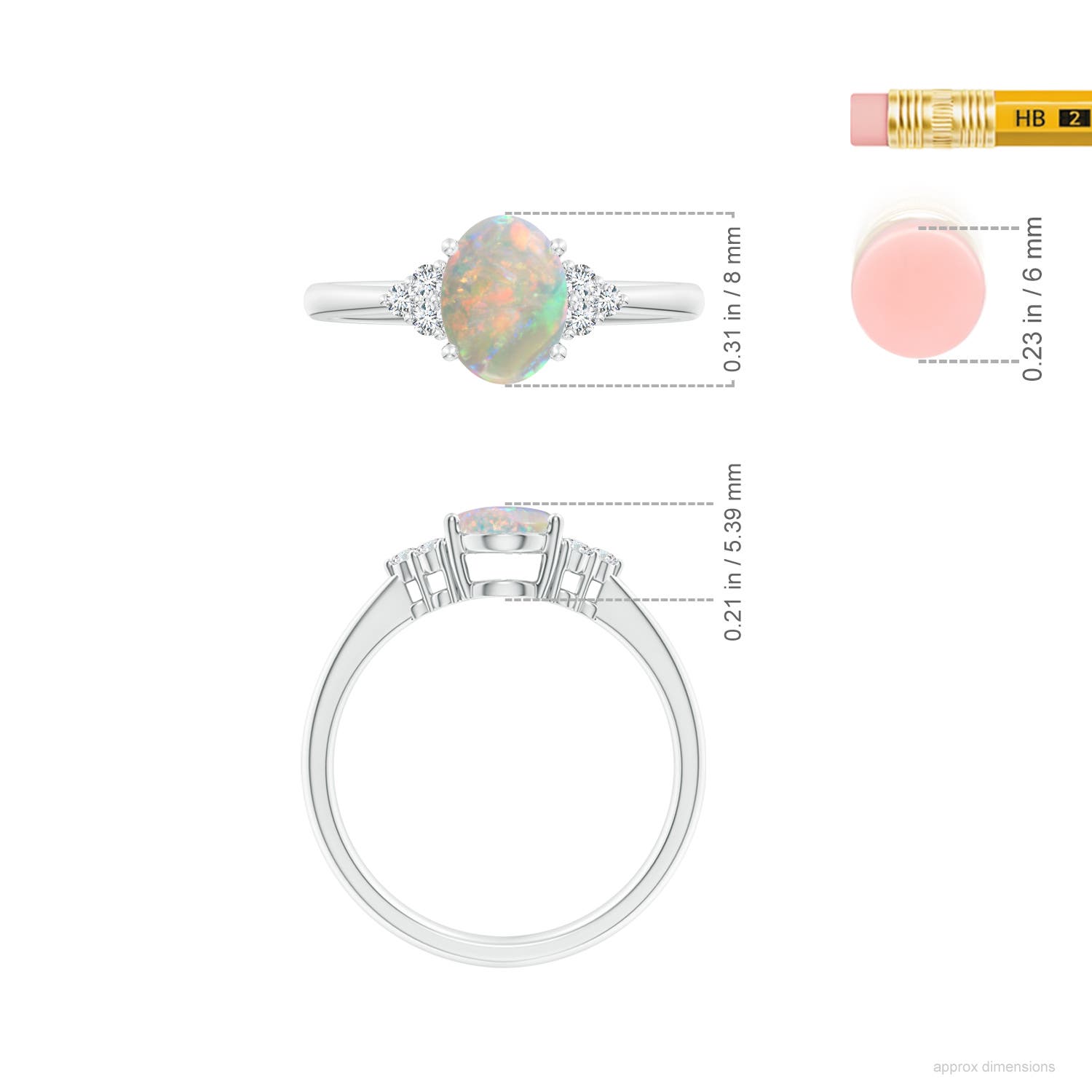 8x6mm AAAA Tapered Shank Oval Opal Ring with Trio Diamond Accent in White Gold - ruler
