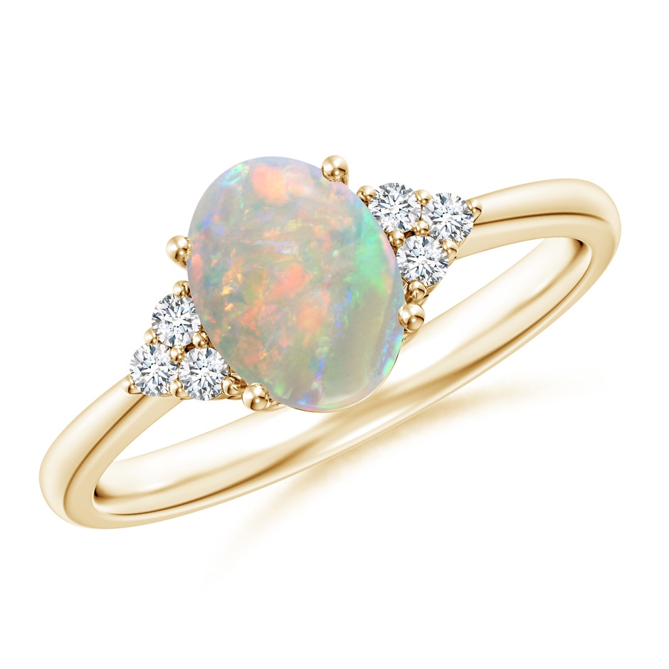 8x6mm AAAA Tapered Shank Oval Opal Ring with Trio Diamond Accent in Yellow Gold 