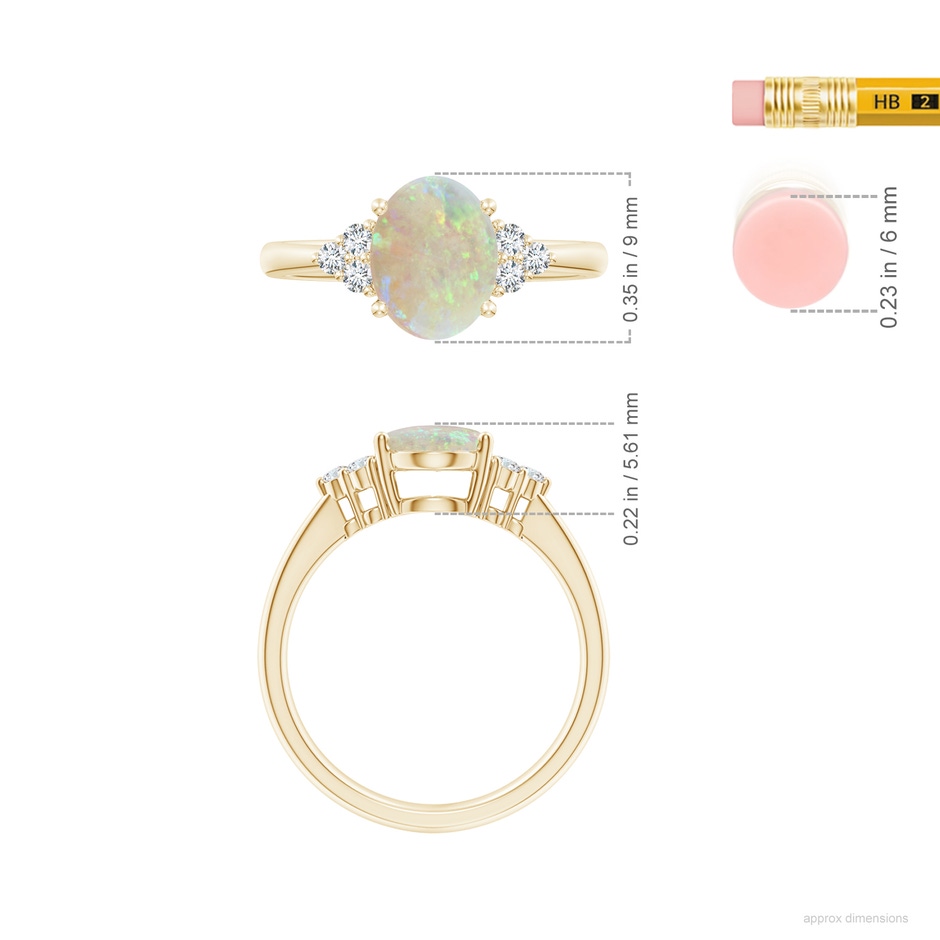 9x7mm AAA Tapered Shank Oval Opal Ring with Trio Diamond Accent in 18K Yellow Gold ruler