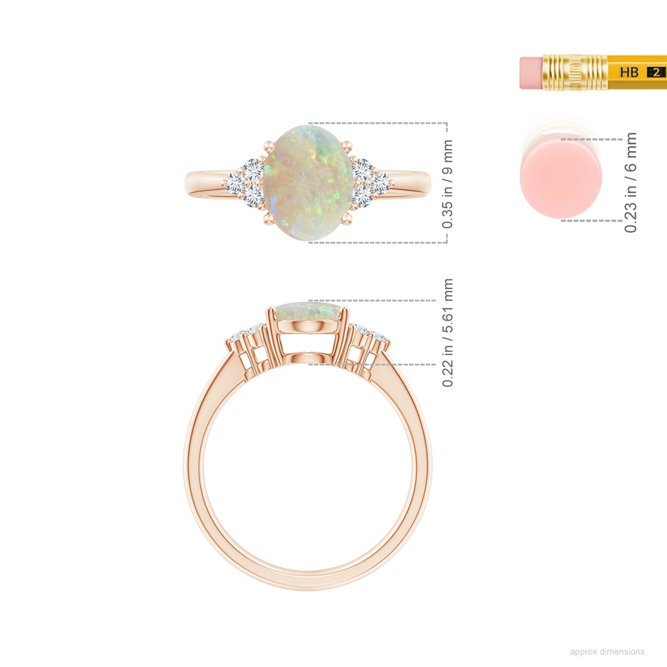 9x7mm AAA Tapered Shank Oval Opal Ring with Trio Diamond Accent in Rose Gold ruler