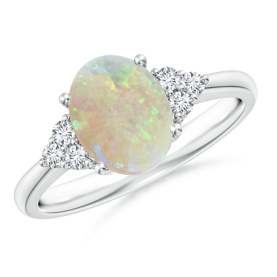 9x7mm AAA Tapered Shank Oval Opal Ring with Trio Diamond Accent in White Gold 