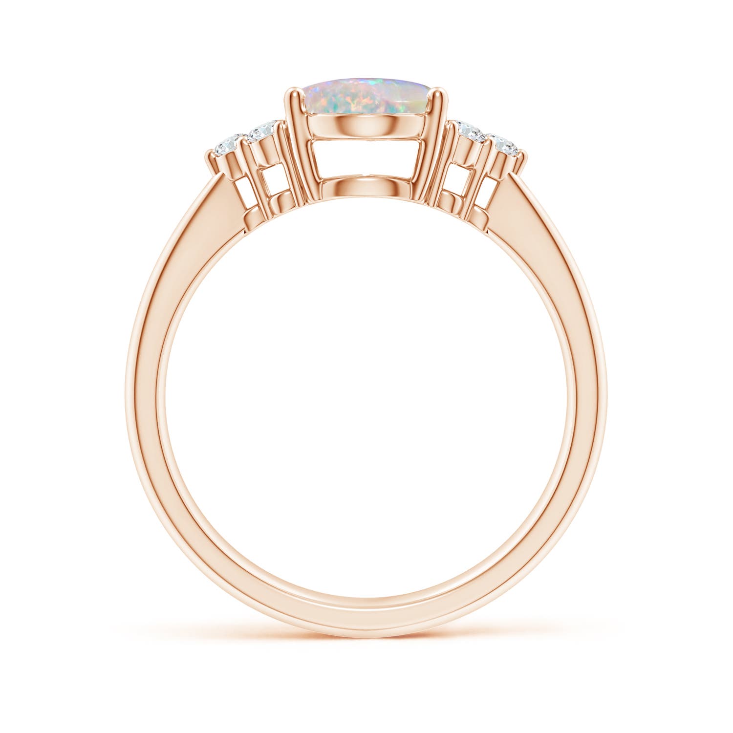 9x7mm AAAA Tapered Shank Oval Opal Ring with Trio Diamond Accent in 18K Rose Gold