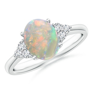 9x7mm AAAA Tapered Shank Oval Opal Ring with Trio Diamond Accent in P950 Platinum