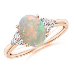 9x7mm AAAA Tapered Shank Oval Opal Ring with Trio Diamond Accent in Rose Gold