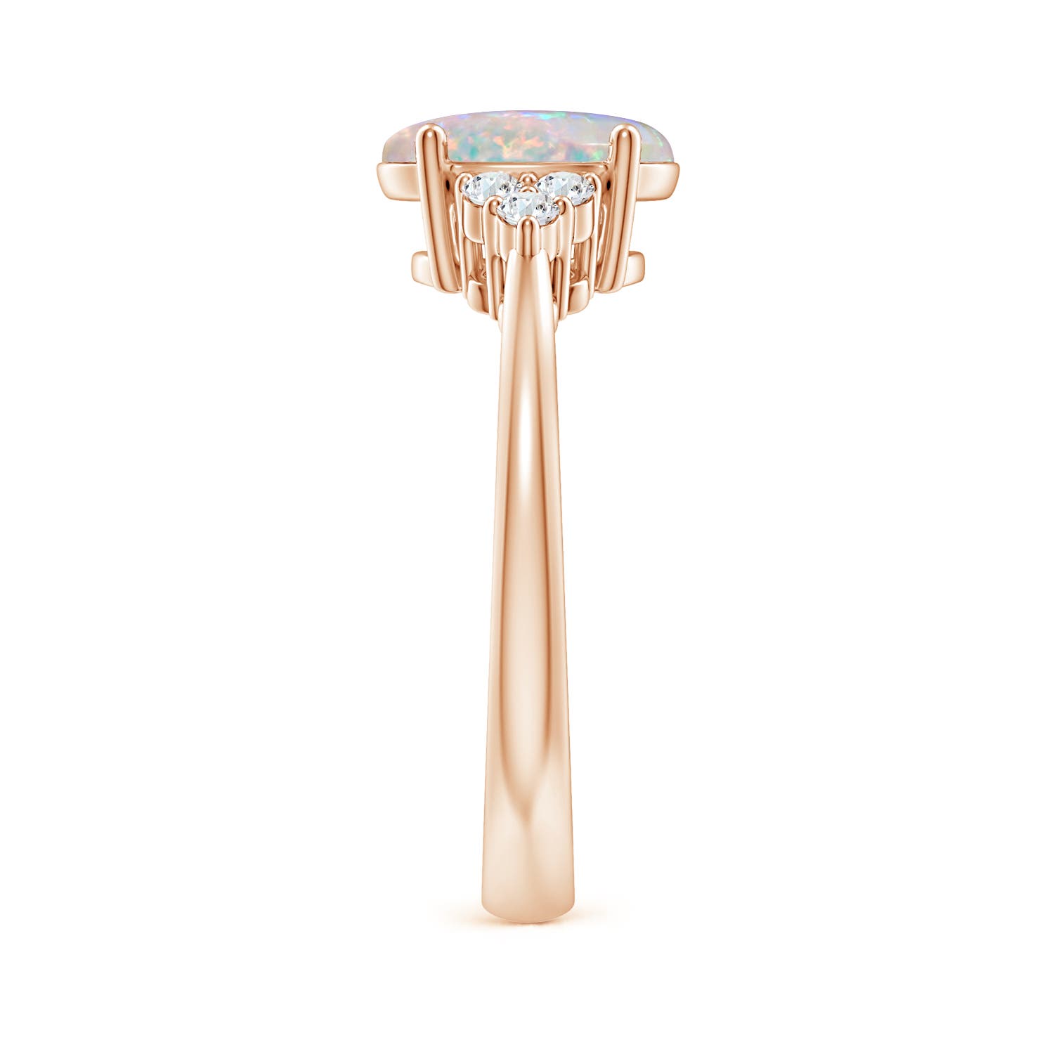 9x7mm AAAA Tapered Shank Oval Opal Ring with Trio Diamond Accent in Rose Gold - side 5
