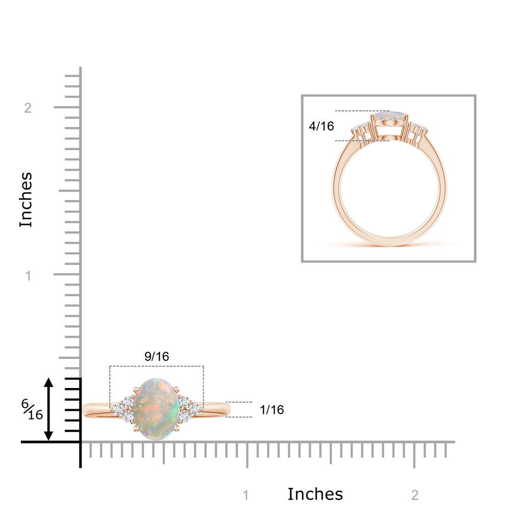 9x7mm AAAA Tapered Shank Oval Opal Ring with Trio Diamond Accent in Rose Gold Ruler