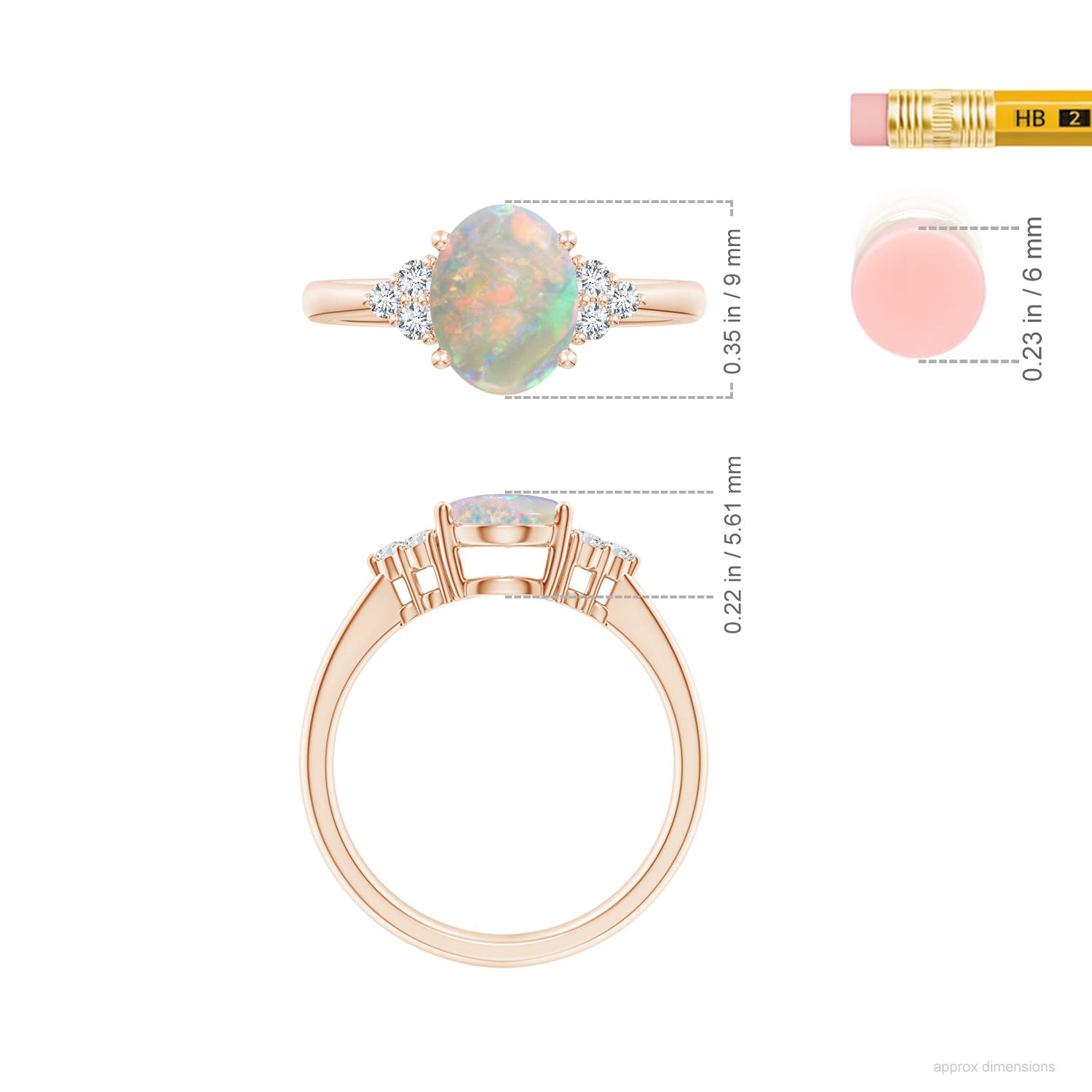 9x7mm AAAA Tapered Shank Oval Opal Ring with Trio Diamond Accent in Rose Gold - ruler