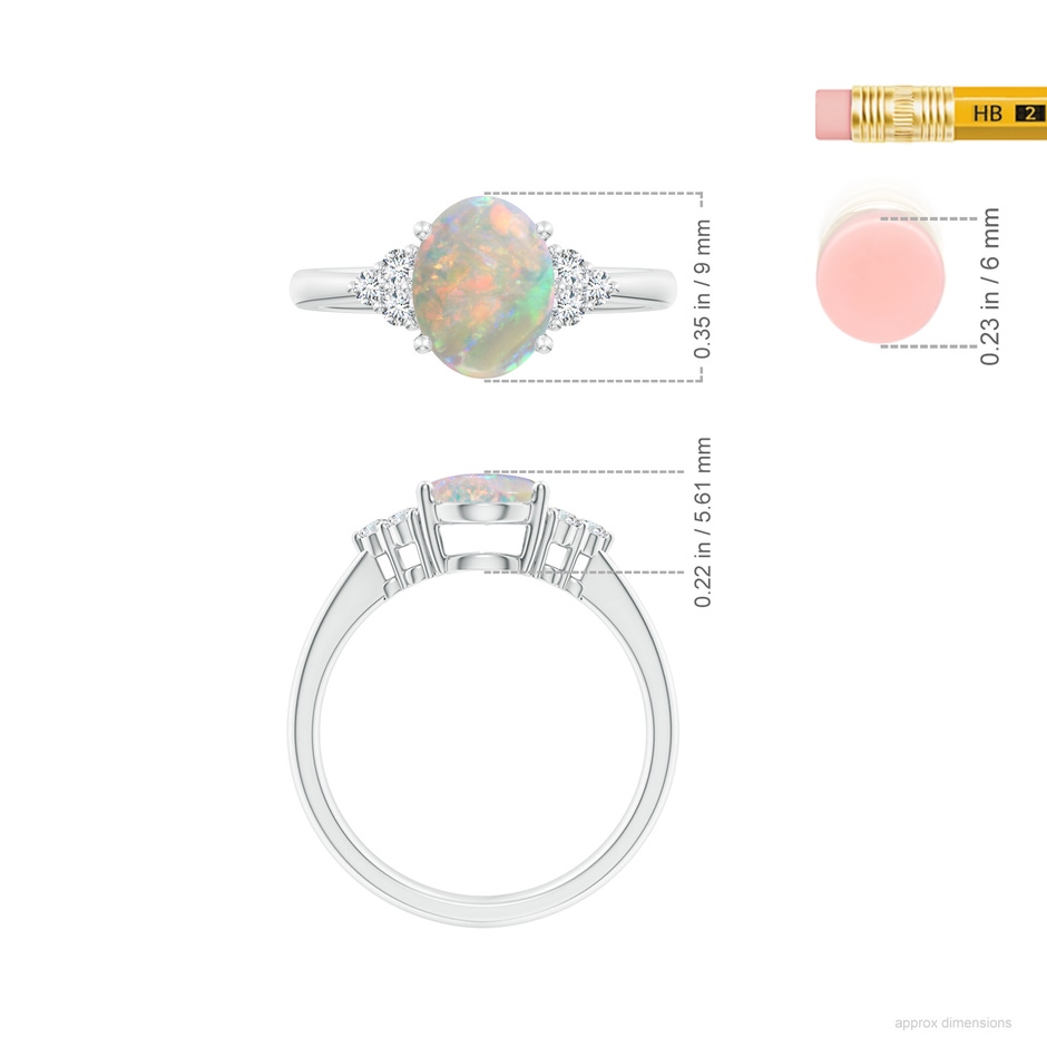9x7mm AAAA Tapered Shank Oval Opal Ring with Trio Diamond Accent in White Gold ruler