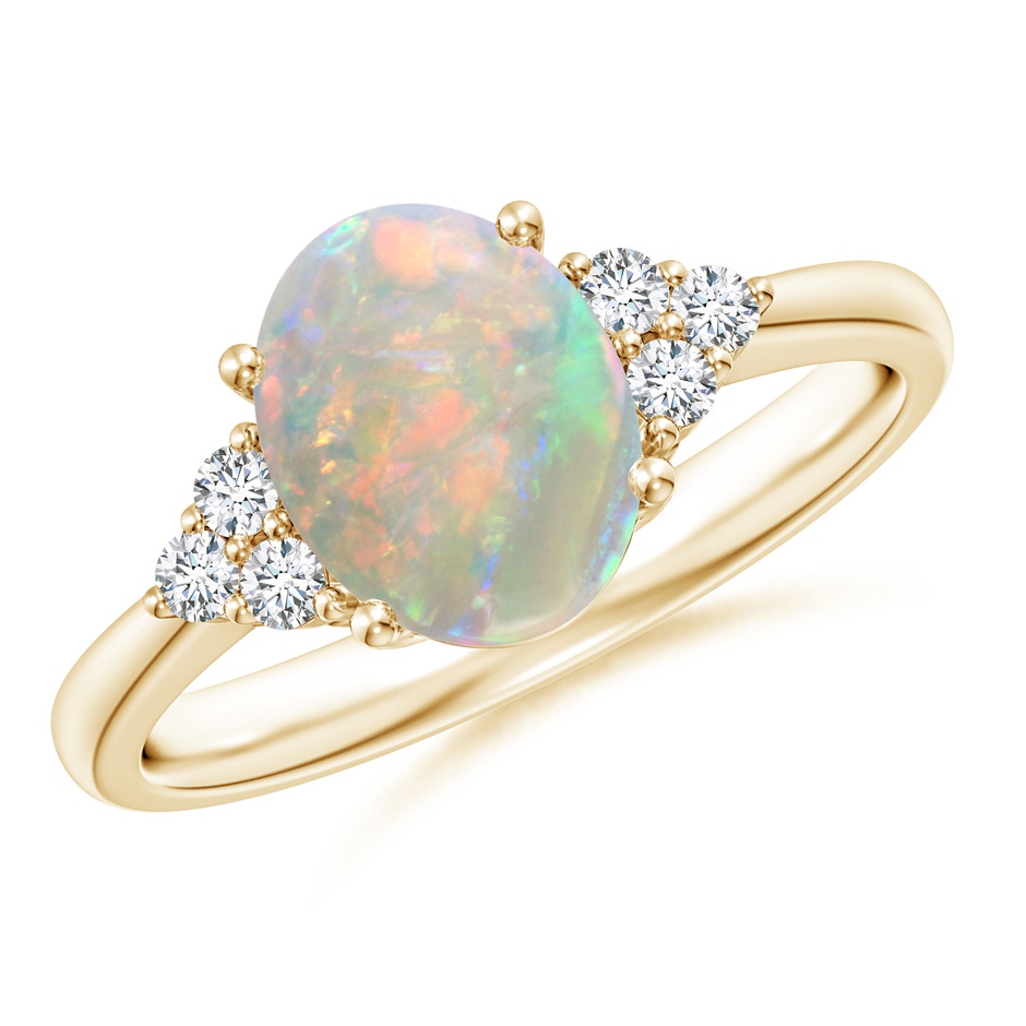 9x7mm AAAA Tapered Shank Oval Opal Ring with Trio Diamond Accent in Yellow Gold 