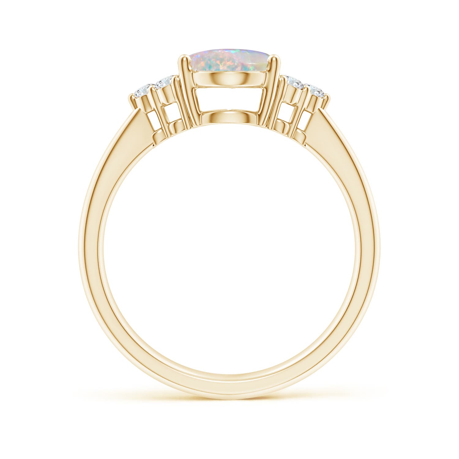 9x7mm AAAA Tapered Shank Oval Opal Ring with Trio Diamond Accent in Yellow Gold - side 3