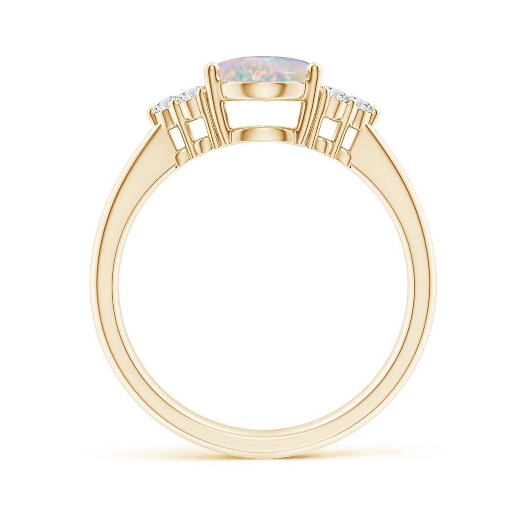 9x7mm AAAA Tapered Shank Oval Opal Ring with Trio Diamond Accent in Yellow Gold - side 4