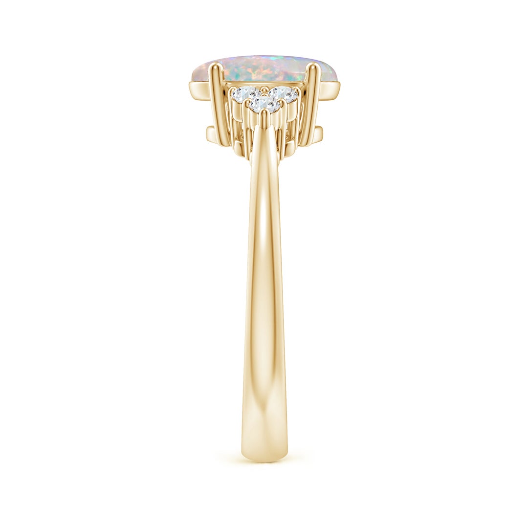 9x7mm AAAA Tapered Shank Oval Opal Ring with Trio Diamond Accent in Yellow Gold - side 6