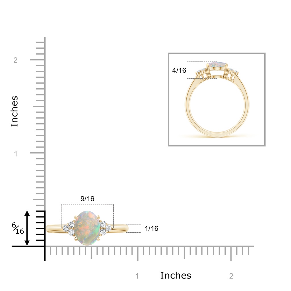 9x7mm AAAA Tapered Shank Oval Opal Ring with Trio Diamond Accent in Yellow Gold Ruler