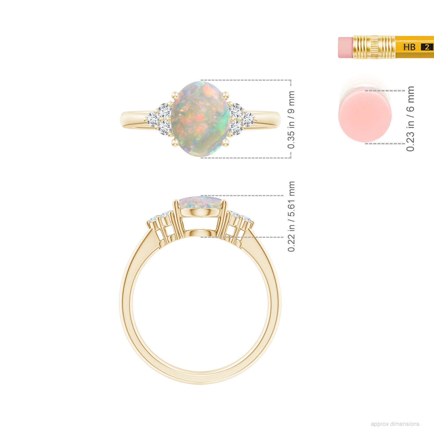 9x7mm AAAA Tapered Shank Oval Opal Ring with Trio Diamond Accent in Yellow Gold - ruler