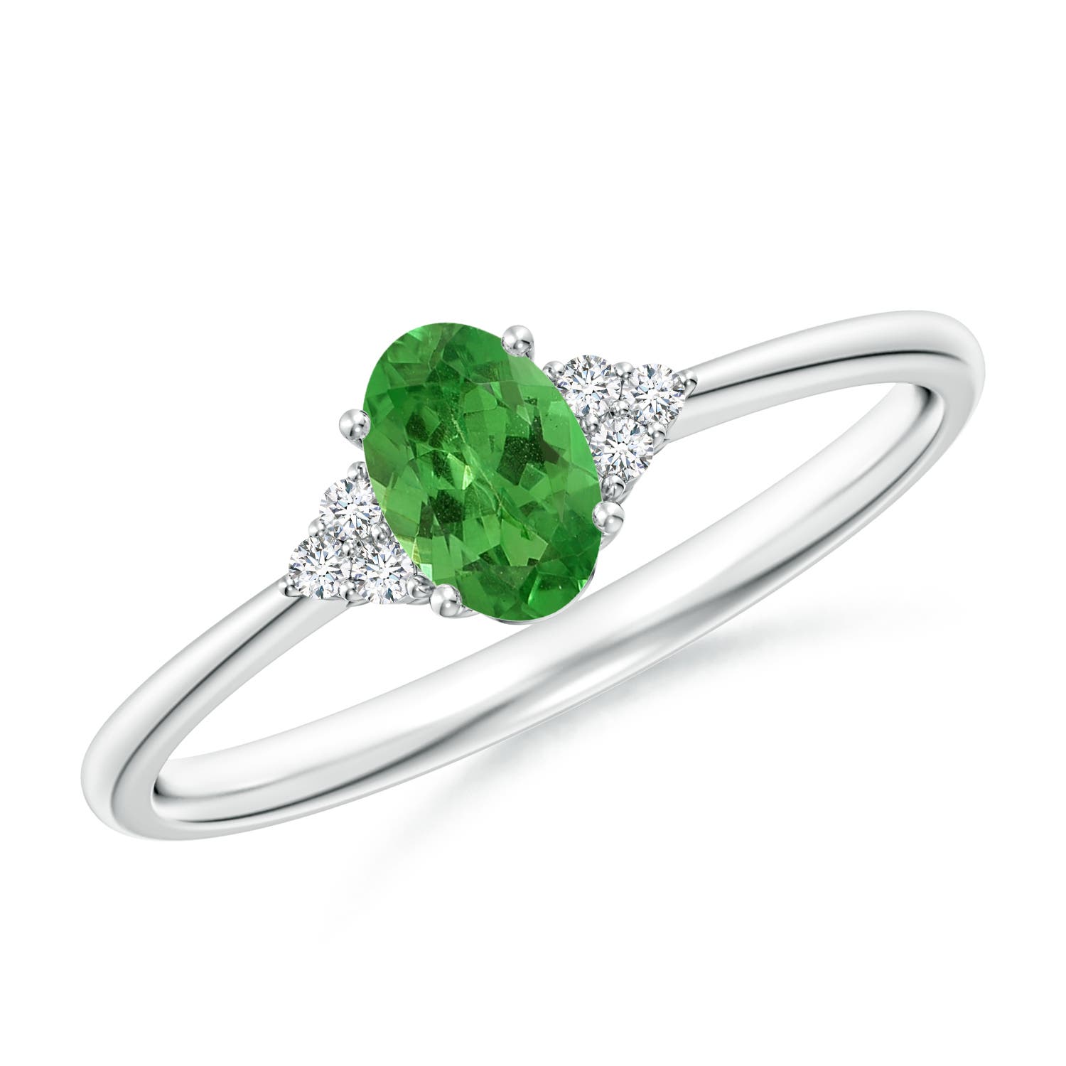 6x4mm AA Tapered Shank Oval Tsavorite Ring with Trio Diamond Accent in White Gold