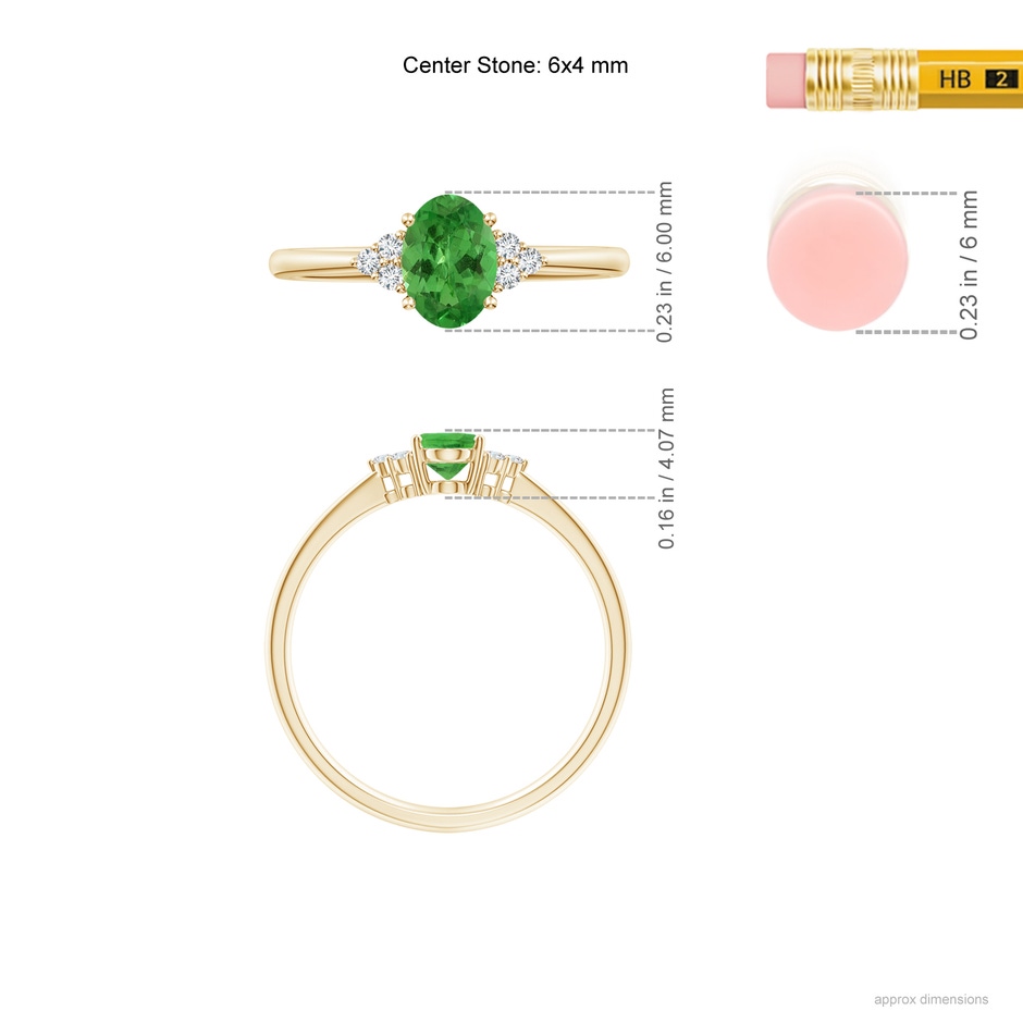 6x4mm AA Tapered Shank Oval Tsavorite Ring with Trio Diamond Accent in Yellow Gold ruler