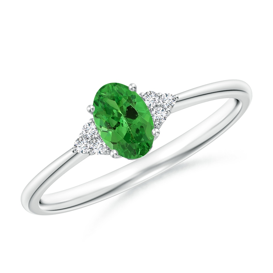 6x4mm AAA Tapered Shank Oval Tsavorite Ring with Trio Diamond Accent in 18K White Gold 