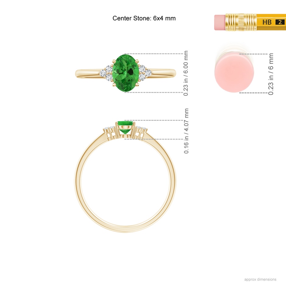 6x4mm AAA Tapered Shank Oval Tsavorite Ring with Trio Diamond Accent in Yellow Gold ruler